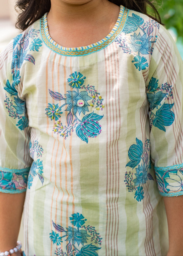 Blue Hand Block Printed Cotton Kurta With Sharara Set