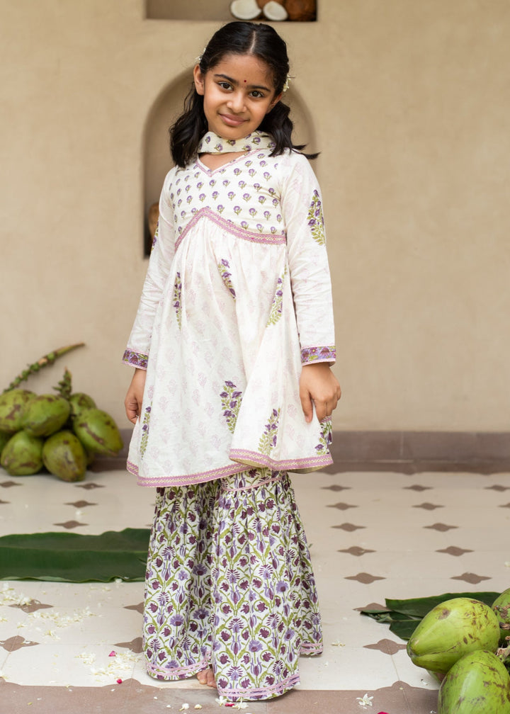 Purple Cotton Lace Detailing Alya Cut Kurta With Sharara Set
