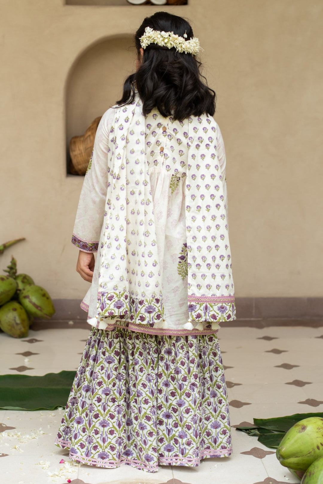 Purple Cotton Lace Detailing Alya Cut Kurta With Sharara Set