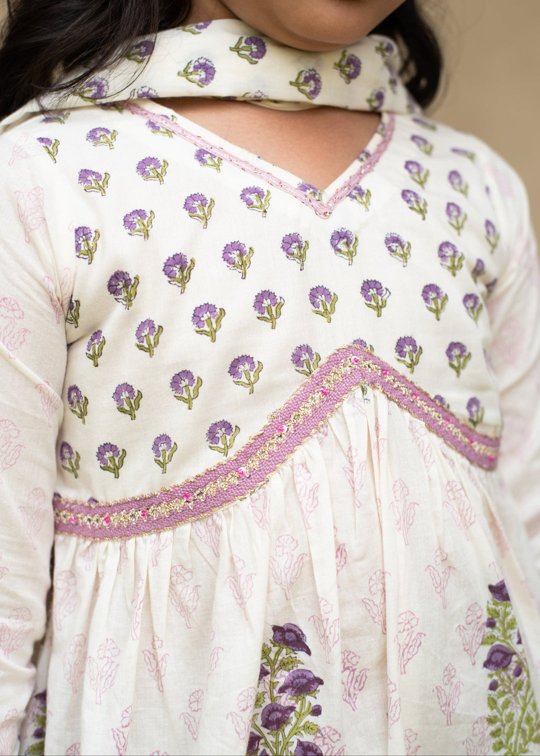 Purple Cotton Lace Detailing Alya Cut Kurta With Sharara Set