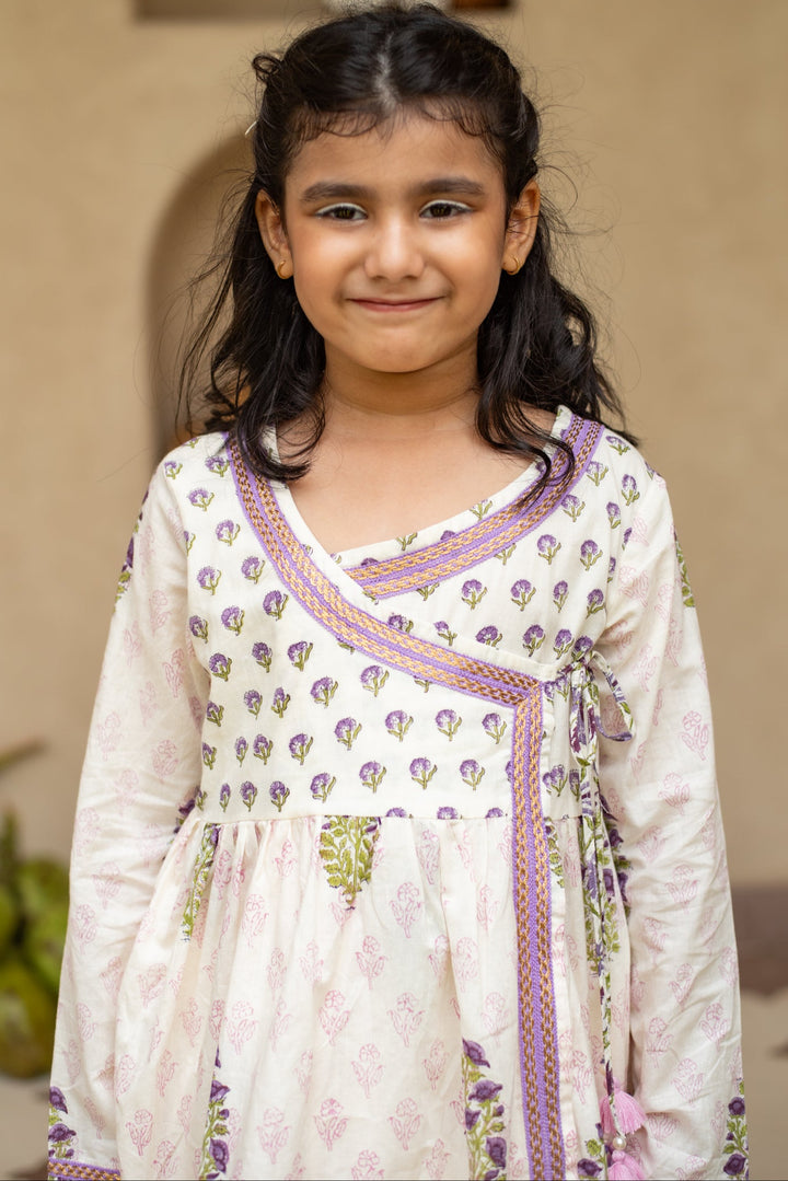 Off White Cotton Printed Angrakha Kurta With Dhoti Set