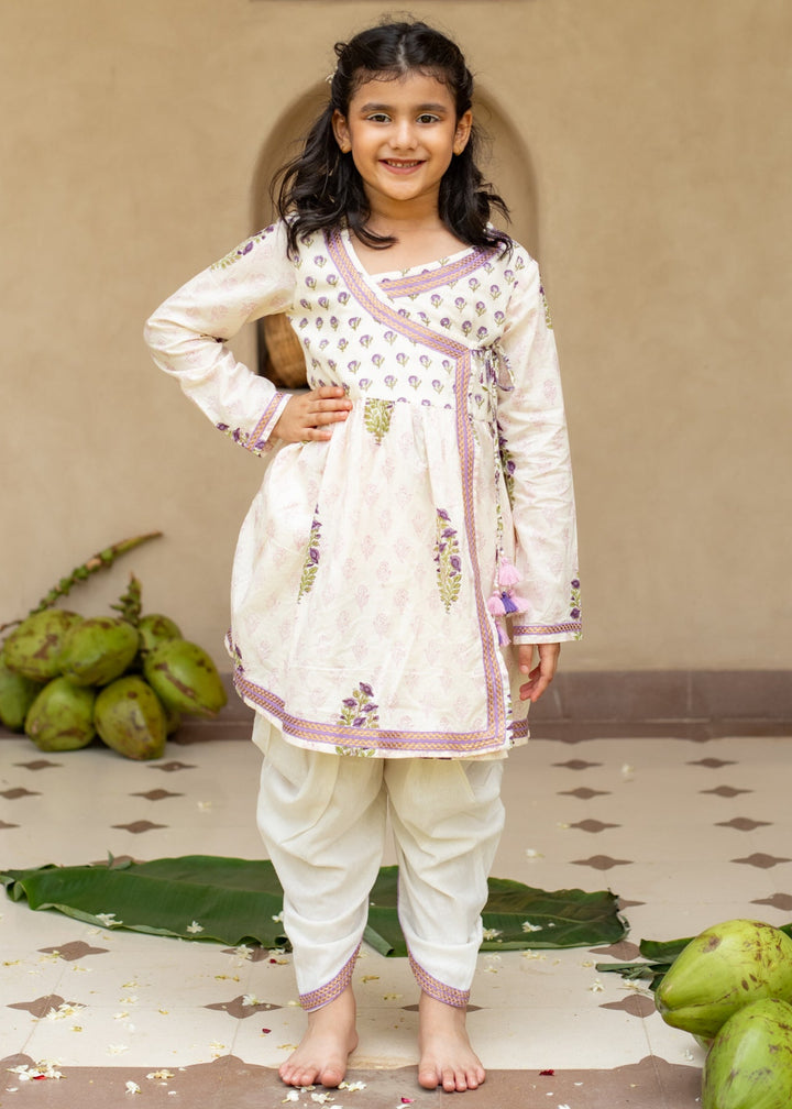 Off White Cotton Printed Angrakha Kurta With Dhoti Set