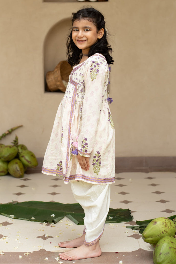 Off White Cotton Printed Angrakha Kurta With Dhoti Set