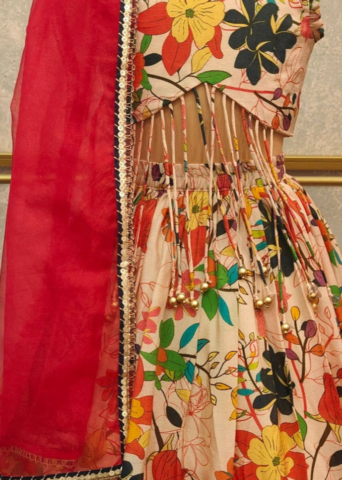 Beige Floral Dori Ghagra Choli With Dupatta Set