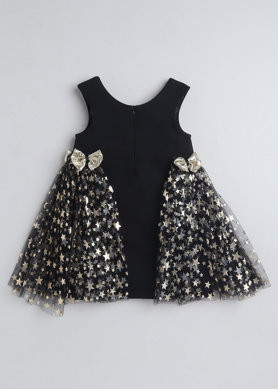 Black Sleeveless Foil Net Frilled Bow Embellished Knee Length Dress