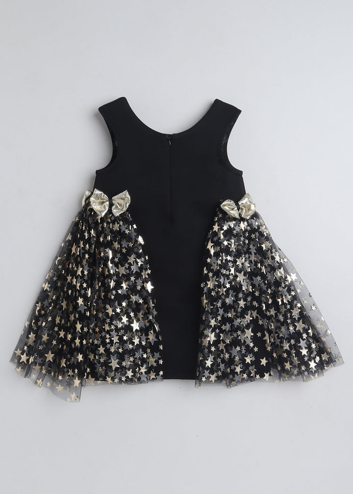 Black Sleeveless Foil Net Frilled Bow Embellished Knee Length Dress