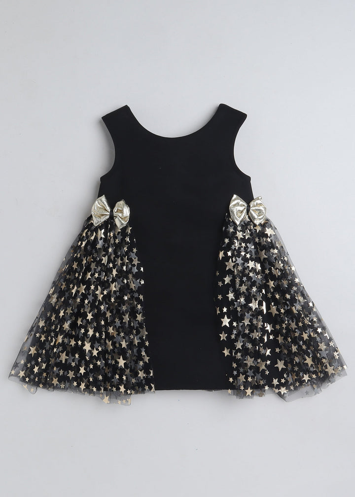Black Sleeveless Foil Net Frilled Bow Embellished Knee Length Dress