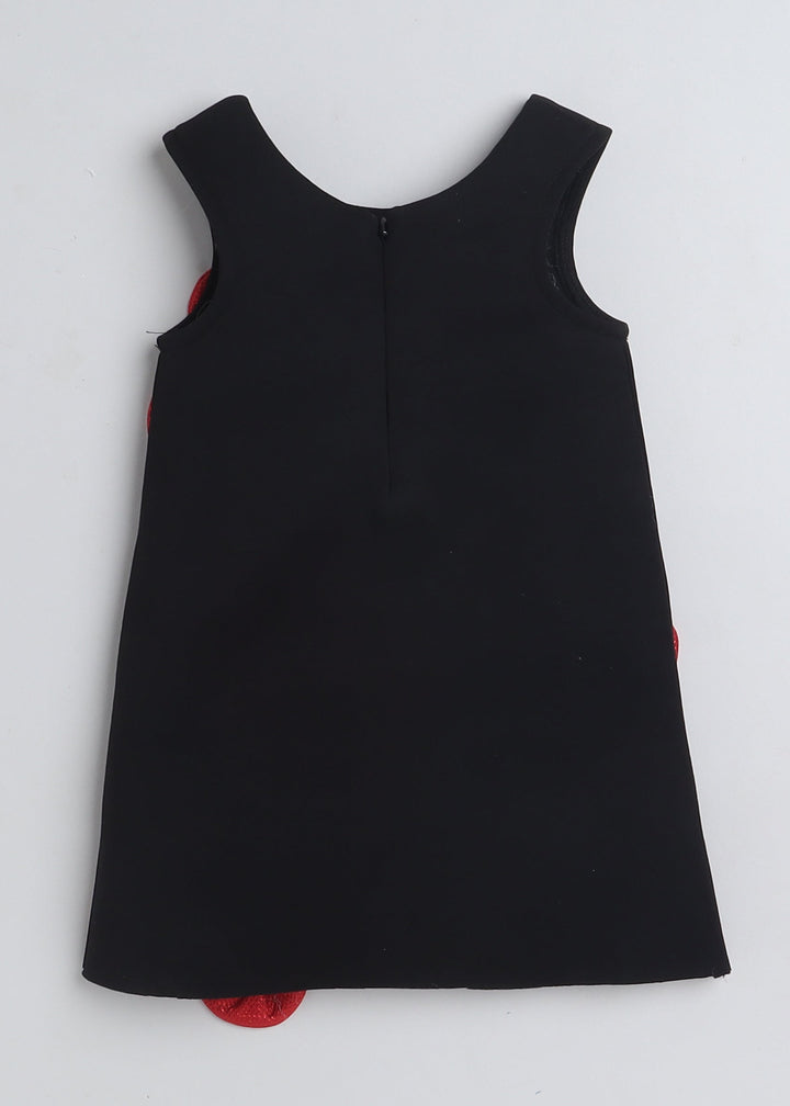 Black Sleeveless Floral Applique Embellished Knee Length Dress