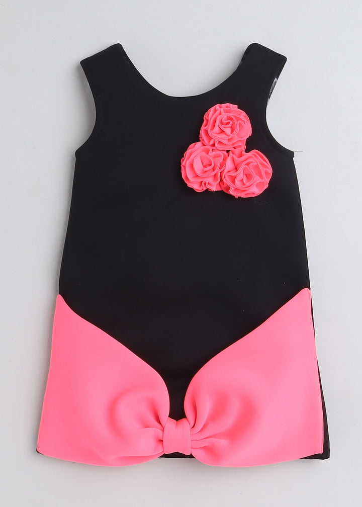 Black Sleeveless Floral Bow Embellished Knee Length Dress