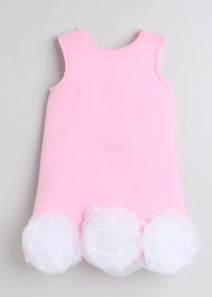Pink Sleeveless Organza Flowers Embellished Knee Length Dress