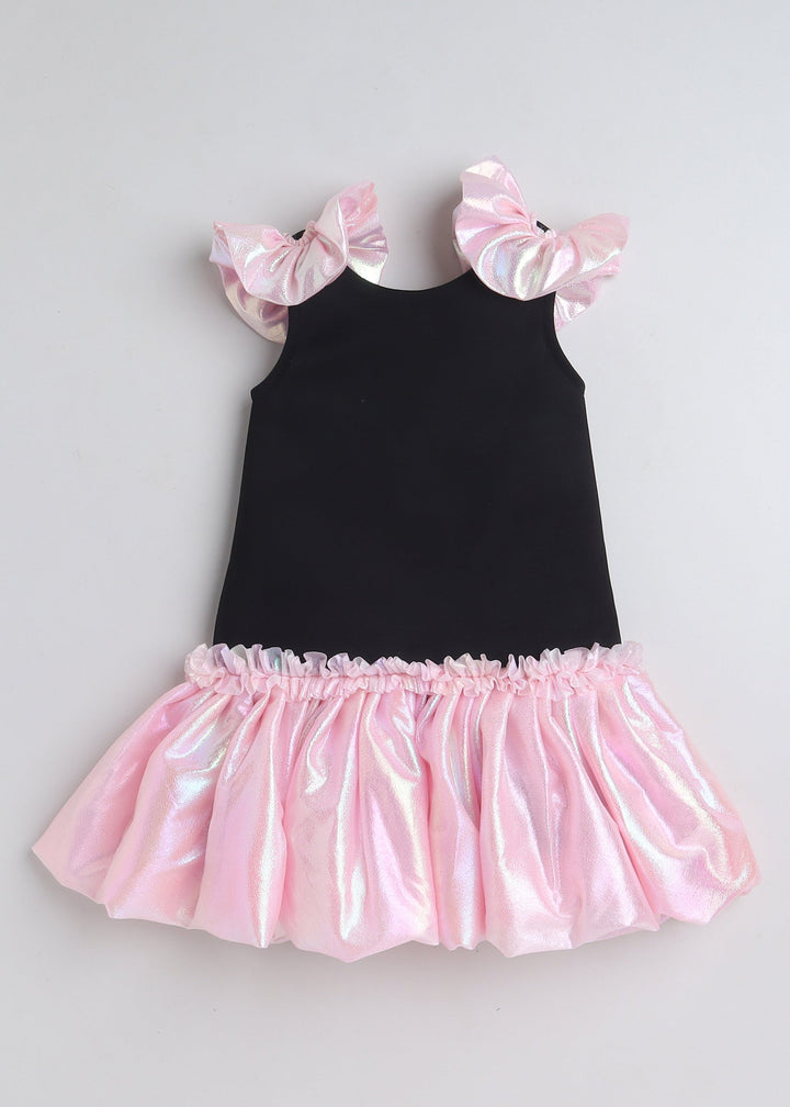 Black Sleeveless Frilled Bottom And Shoulder Embellished Knee Length Dress