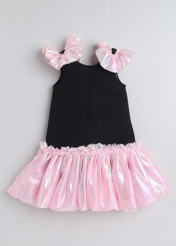 Black Sleeveless Frilled Bottom And Shoulder Embellished Knee Length Dress