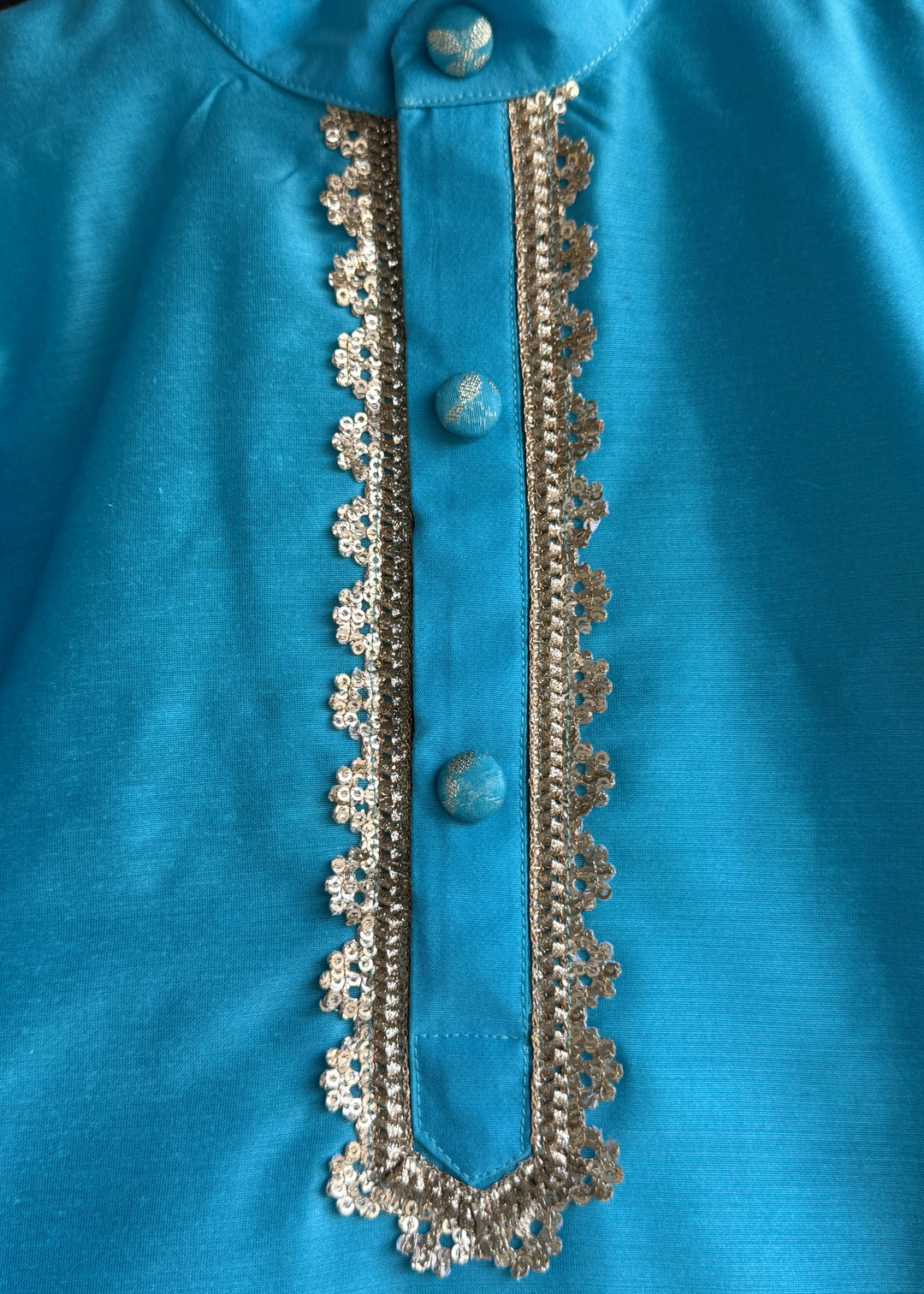 Blue Cotton Silk Kurta With Off White Pyjama Set