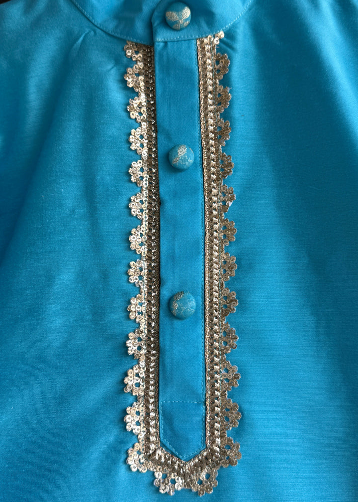 Blue Cotton Silk Kurta With Off White Pyjama Set