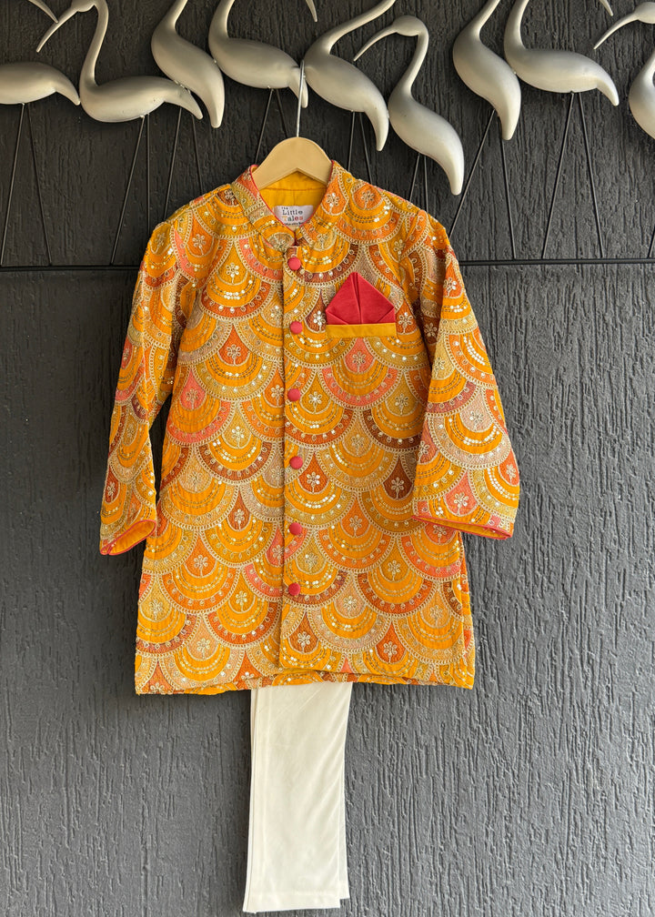 Mustard Yellow Scallop Embroidery Bandhgala Kurta With Churidar Set