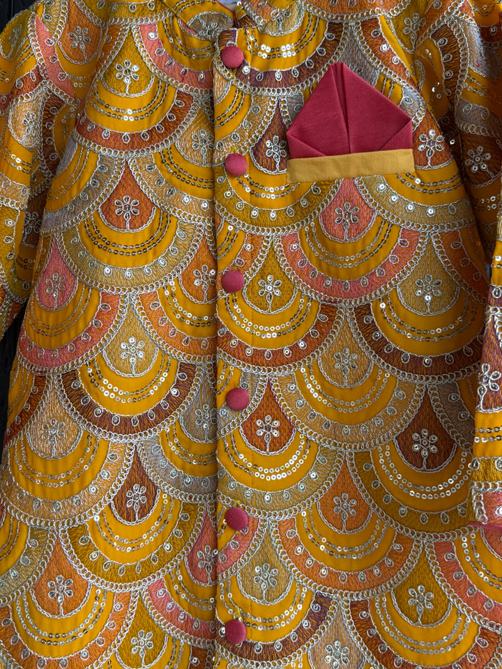 Mustard Yellow Scallop Embroidery Bandhgala Kurta With Churidar Set