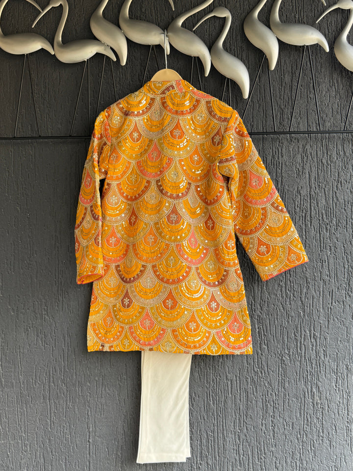 Mustard Yellow Scallop Embroidery Bandhgala Kurta With Churidar Set