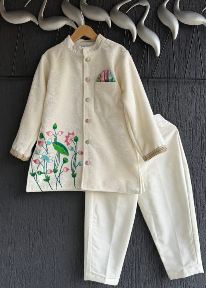 Off White Velvet Embroidered Bandhgala Kurta With Pyjama Set