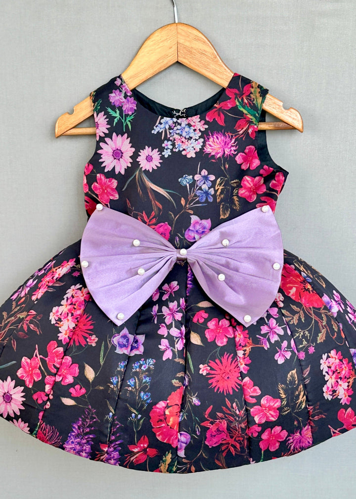 Black And Pink Floral Organza Printed Signature Flared Dress