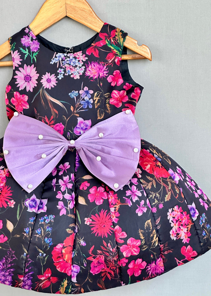 Black And Pink Floral Organza Printed Signature Flared Dress