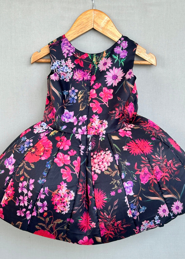 Black And Pink Floral Organza Printed Signature Flared Dress