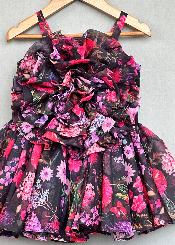 Black Organza 3D Flower Applique Sleeveless Dress