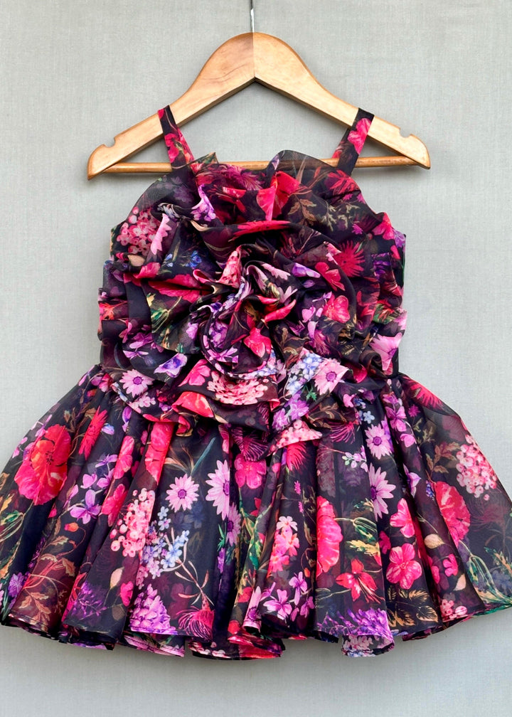 Black Organza 3D Flower Applique Sleeveless Dress