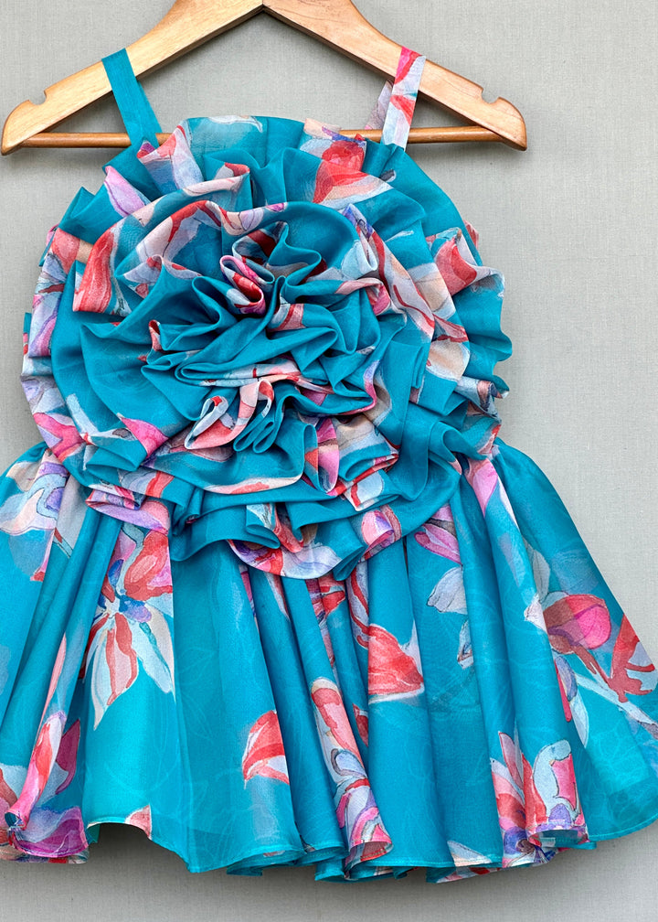 Turquoise Organza Floral With Ruffle Bodice Dress