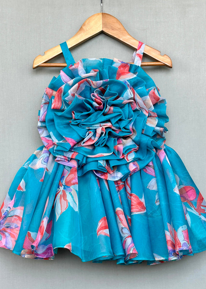 Turquoise Organza Floral With Ruffle Bodice Dress