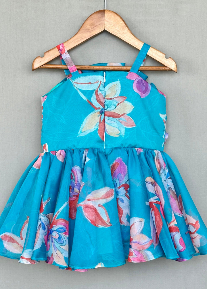 Turquoise Organza Floral With Ruffle Bodice Dress