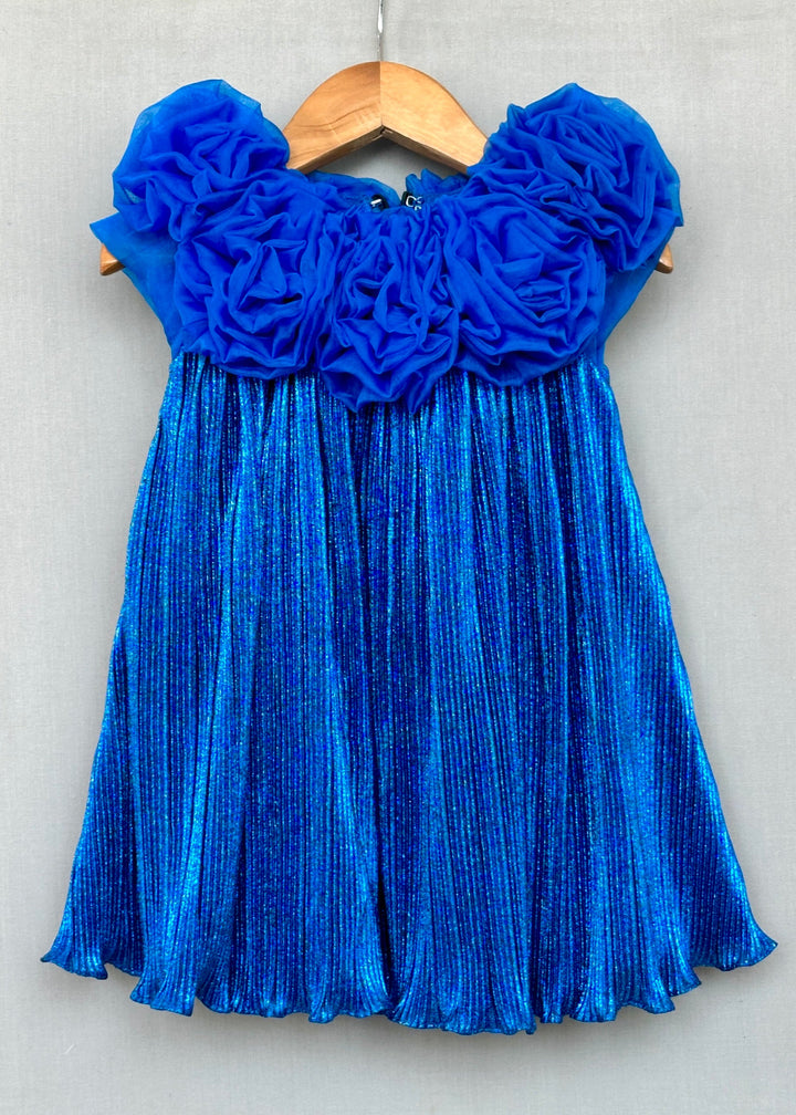 Royal Blue Shimmer Metallic Pleated With 3D Floral Bodice Dress