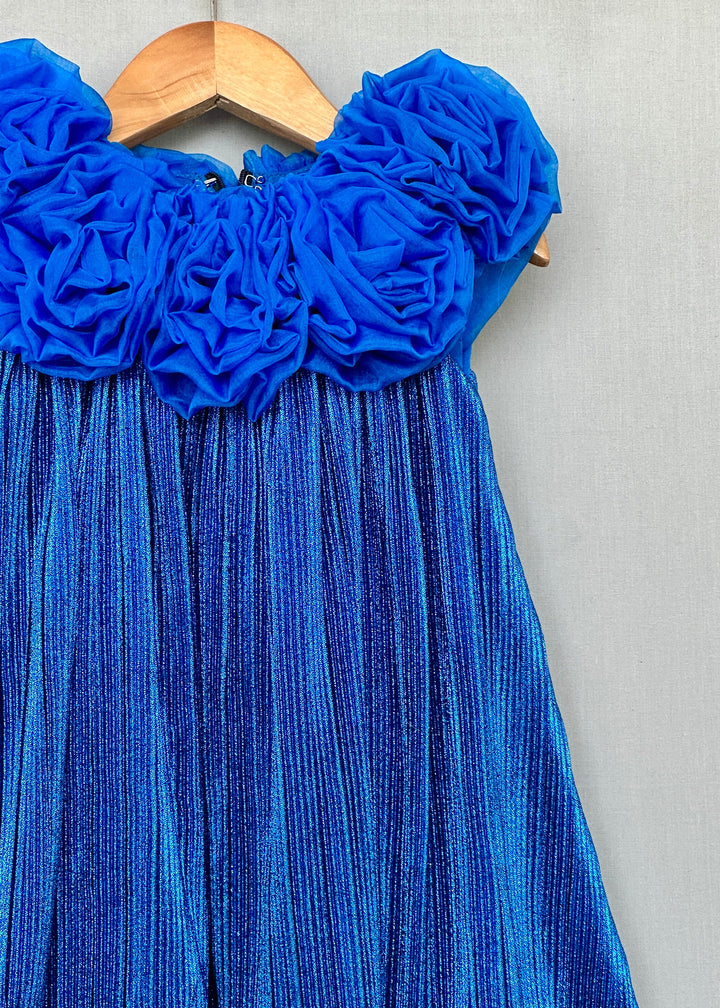Royal Blue Shimmer Metallic Pleated With 3D Floral Bodice Dress
