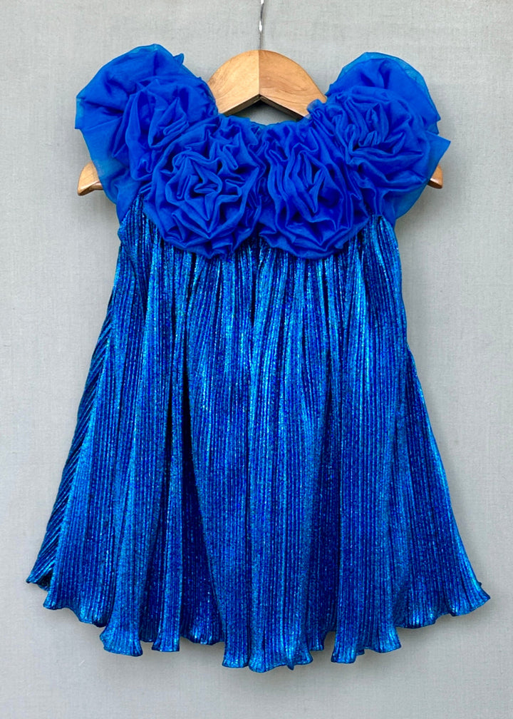 Royal Blue Shimmer Metallic Pleated With 3D Floral Bodice Dress