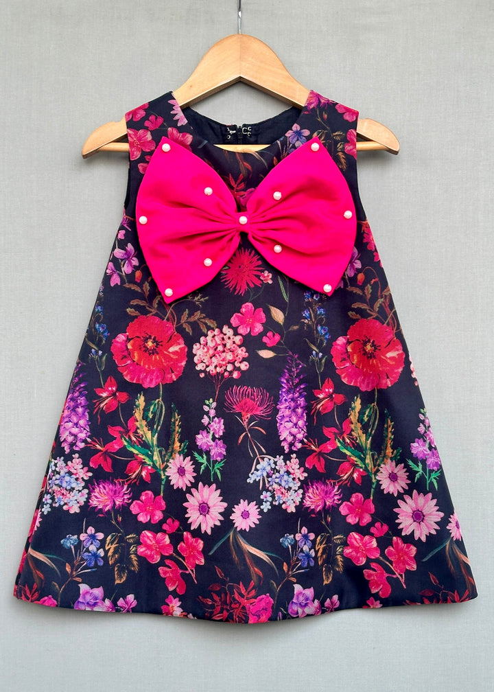Black Floral Organza With Hot Pink Bow A-line Dress