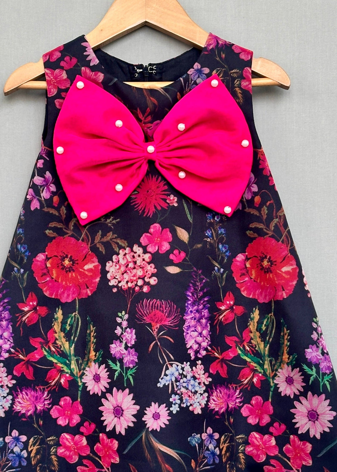 Black Floral Organza With Hot Pink Bow A-line Dress