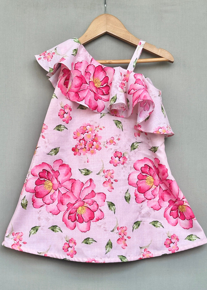 Light Pink Floral One Shoulder Linen Dress