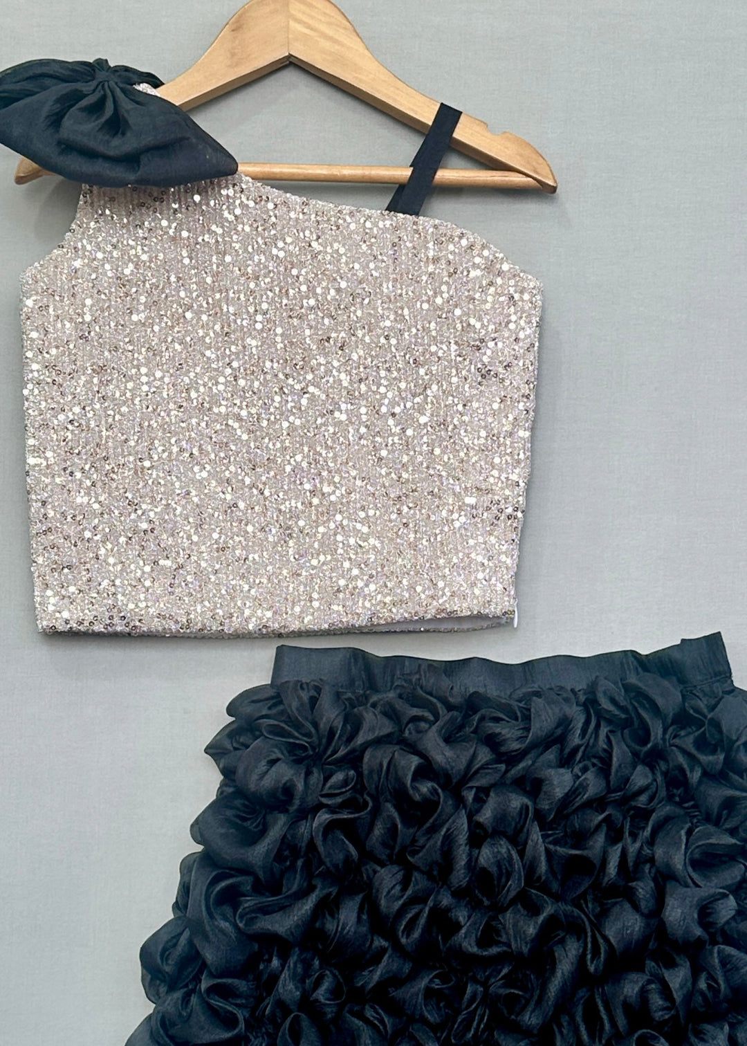 Silver Sequins Top With Black Ruffle Skirt Set