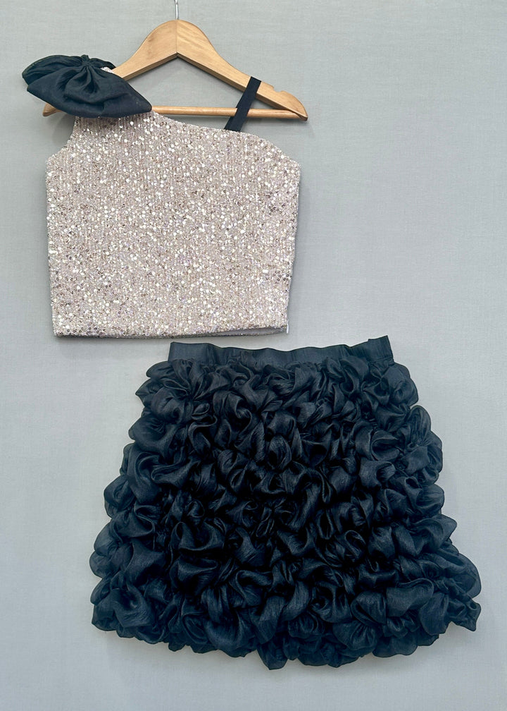 Silver Sequins Top With Black Ruffle Skirt Set