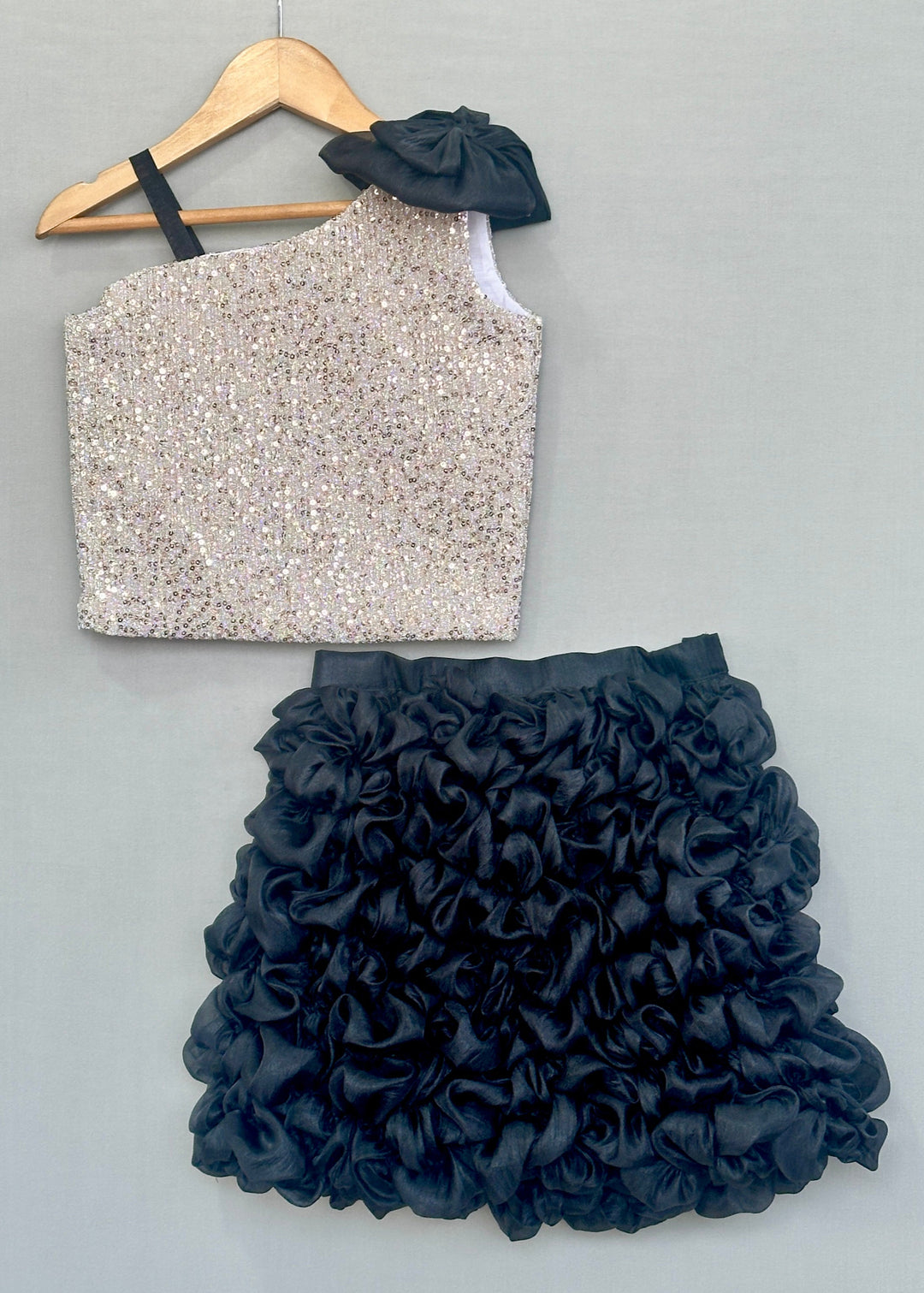 Silver Sequins Top With Black Ruffle Skirt Set