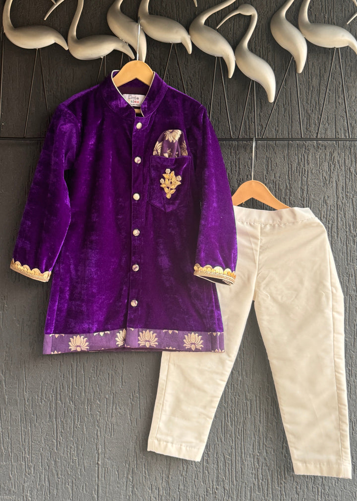 Purple Velvet Lotus Printed Kurta With Pyjama Set