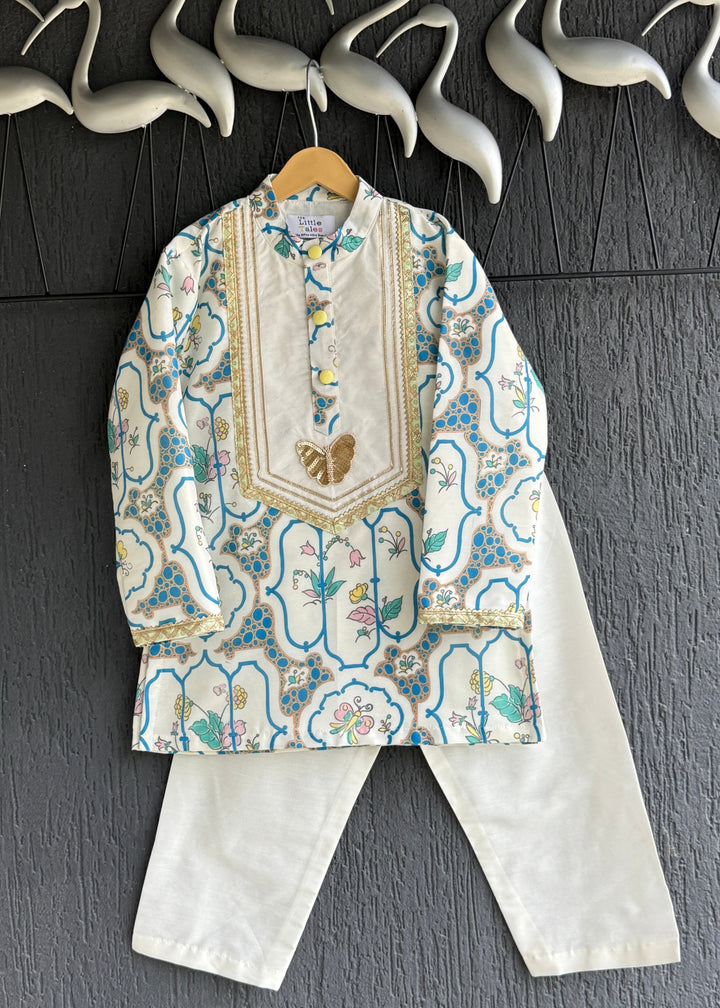 Blue Floral Printed Kurta With Off White Pyjama Set