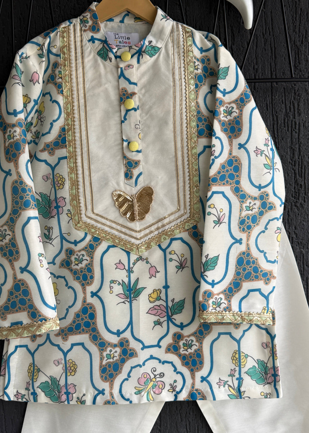 Blue Floral Printed Kurta With Off White Pyjama Set