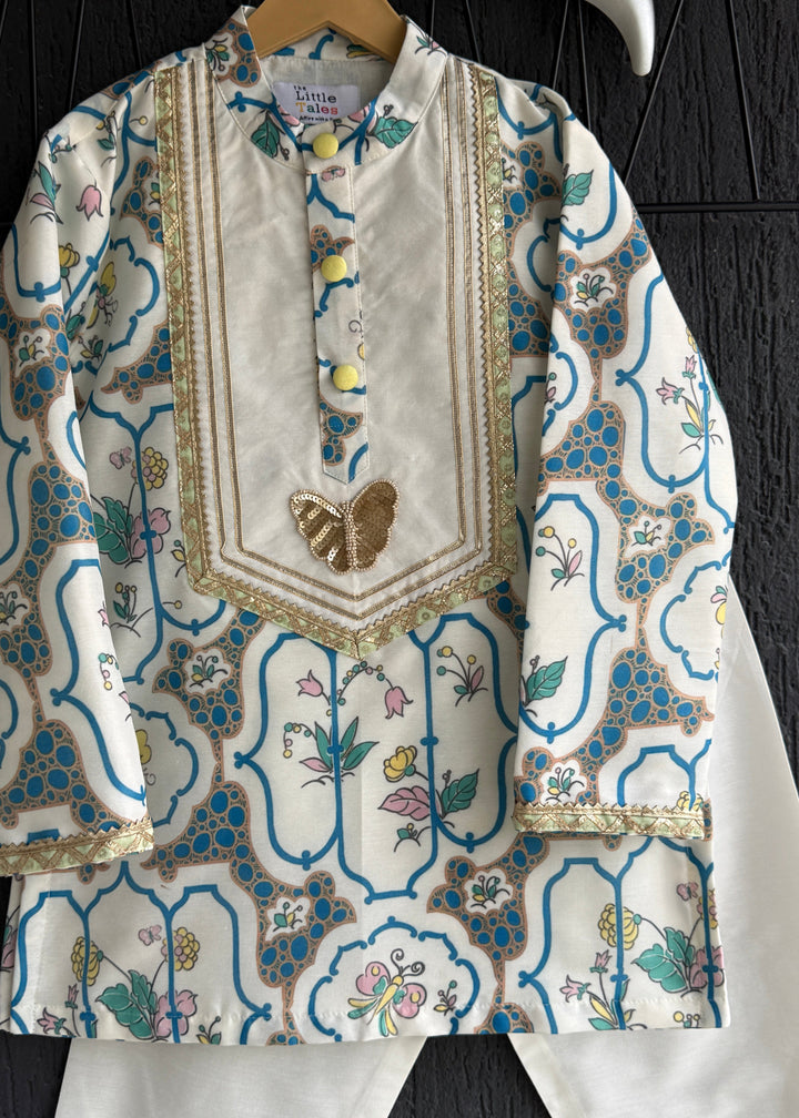 Blue Floral Printed Kurta With Off White Pyjama Set