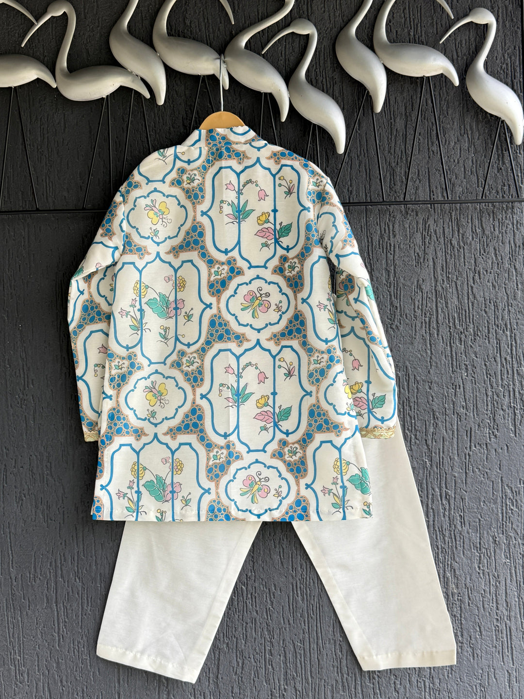 Blue Floral Printed Kurta With Off White Pyjama Set