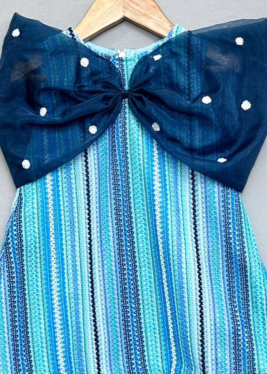 Blue Striped Knitted Crochet With Big Bow Dress