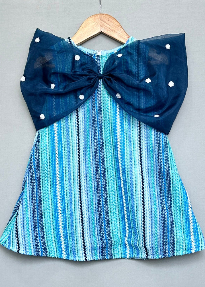 Blue Striped Knitted Crochet With Big Bow Dress