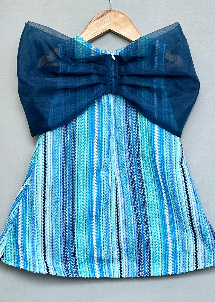 Blue Striped Knitted Crochet With Big Bow Dress