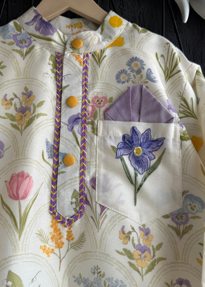 Off White Floral Printed Kurta With Pyjama Set