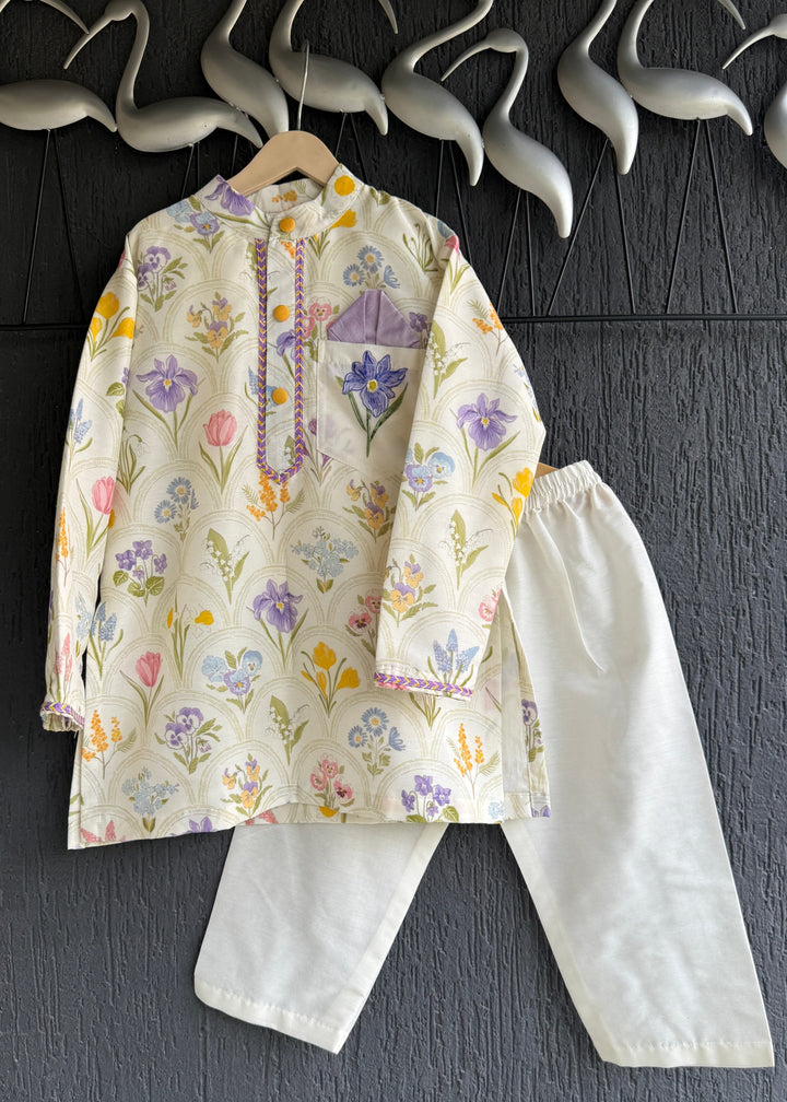 Off White Floral Printed Kurta With Pyjama Set