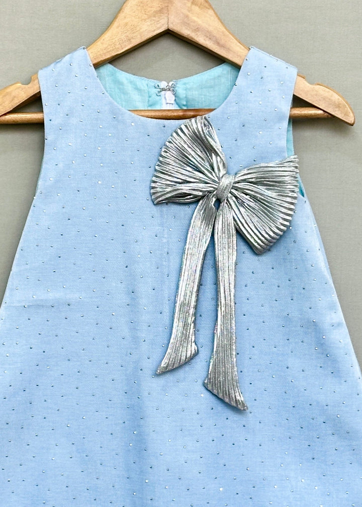 Blue Denim Shimmer with Silver Bow Dress